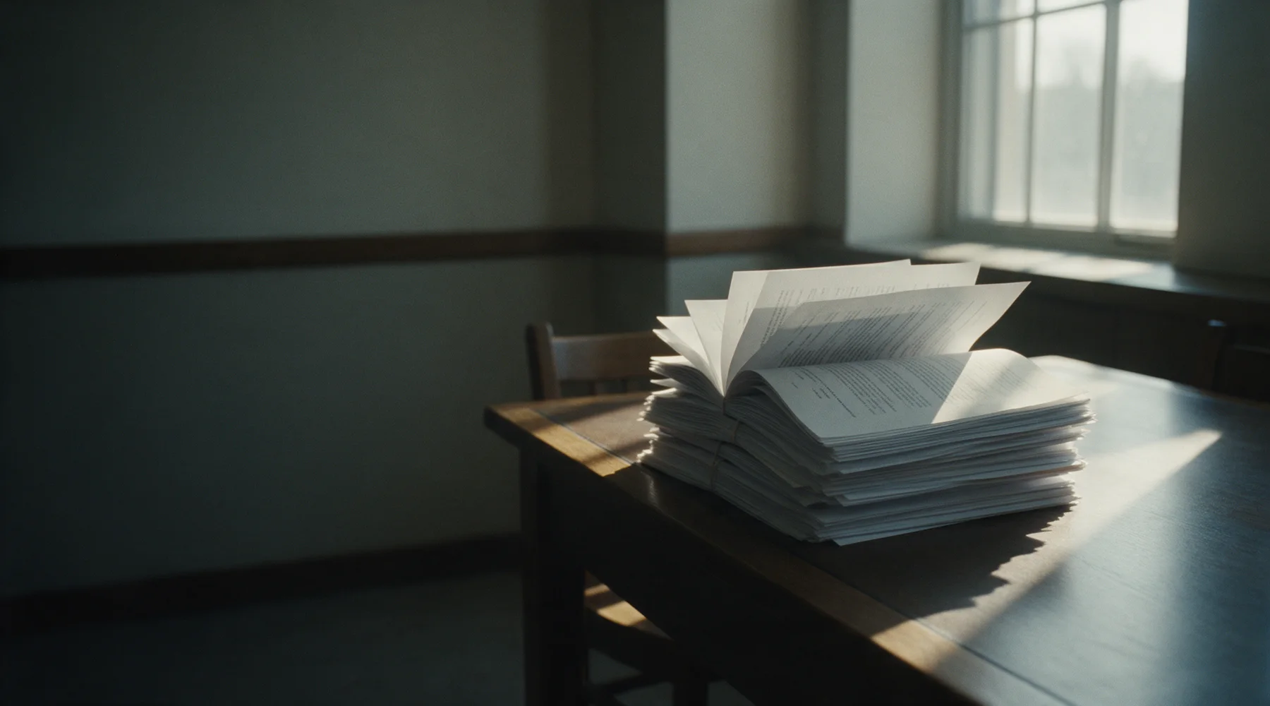 A thick bound stack of printed pages open on a dark table in a still room, sunlight from a tall window.