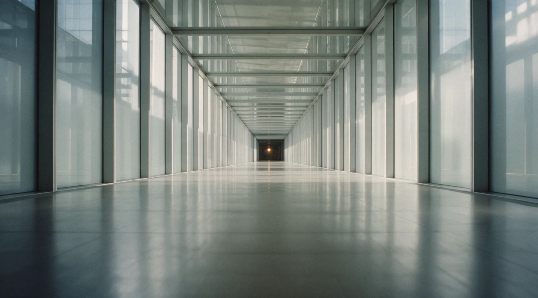 A long glazed corridor in pale daylight, receding to a small warm light at its end.