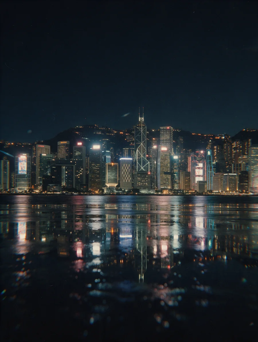 Hong Kong harbour and towers after dark.