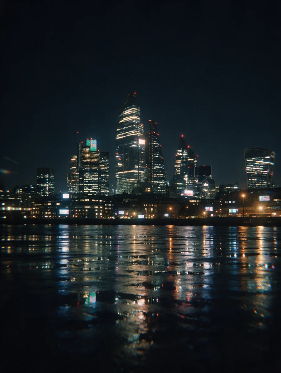 The City of London skyline lit after dark.