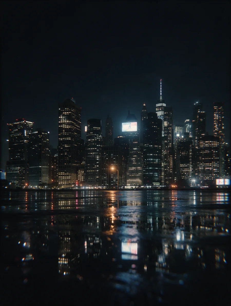 Manhattan at night seen across the water.