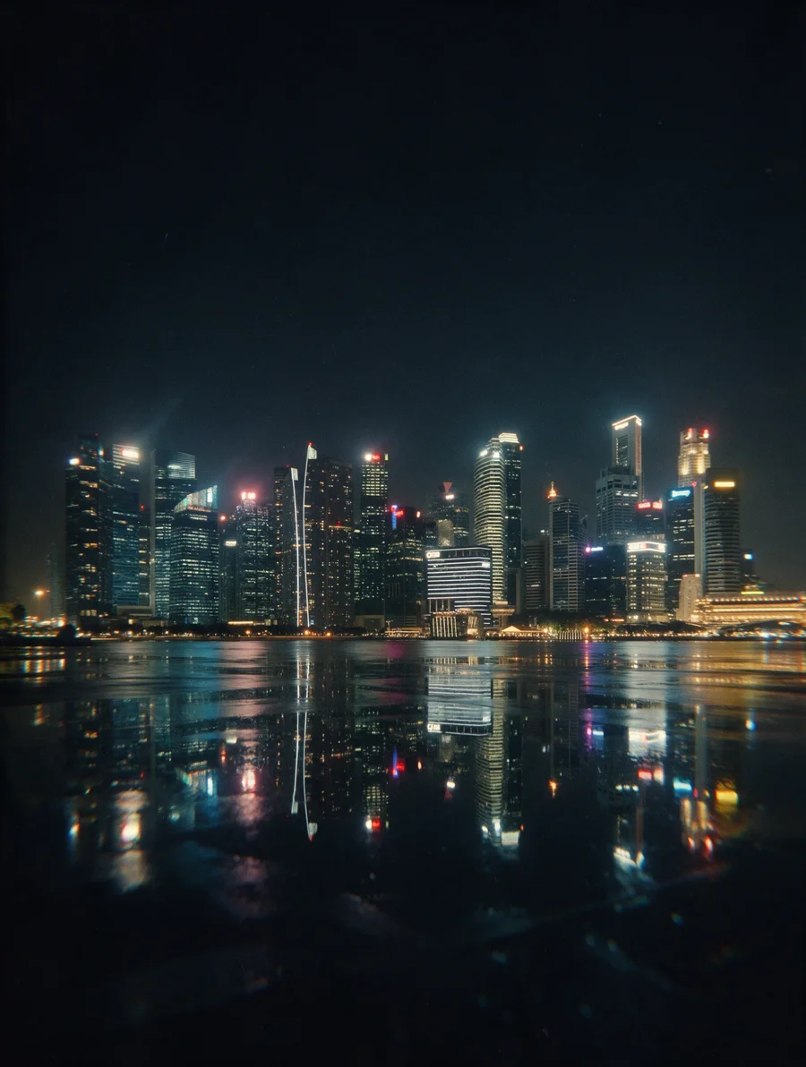 Singapore towers above the marina at night.