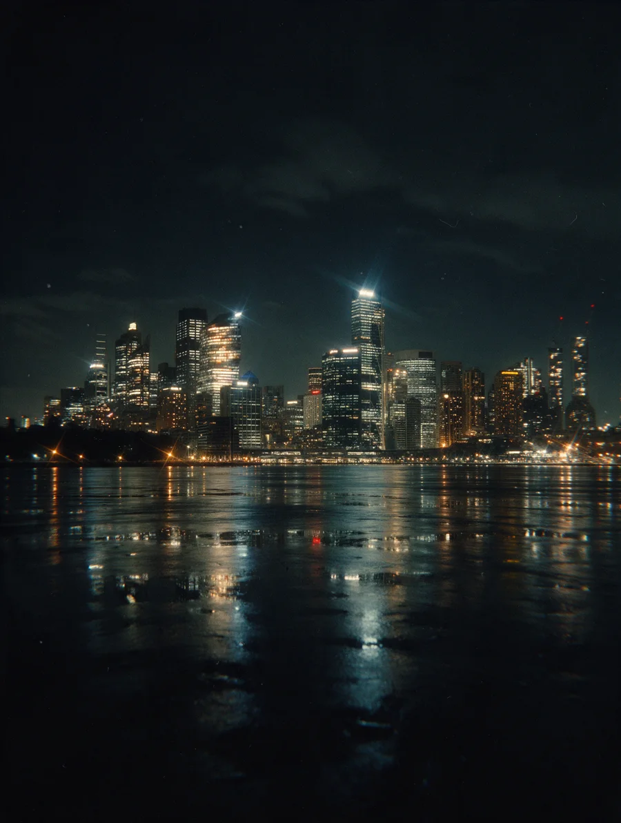 Sydney harbour lit at night.